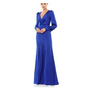 Mac Duggal Satin Ruched Bishop Sleeve Long Gown Blue Dress